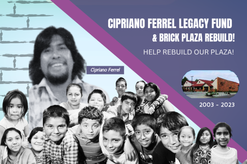 An Image and graphic in purple and grey scale of Cipriano Ferrel, human rights activist in Oregon and youth residents from FHDC (farmworker housing development corporation) to raise funds for the rebuilding of the plaza at Cipriano Ferrel Education Center in Woodburn Oregon